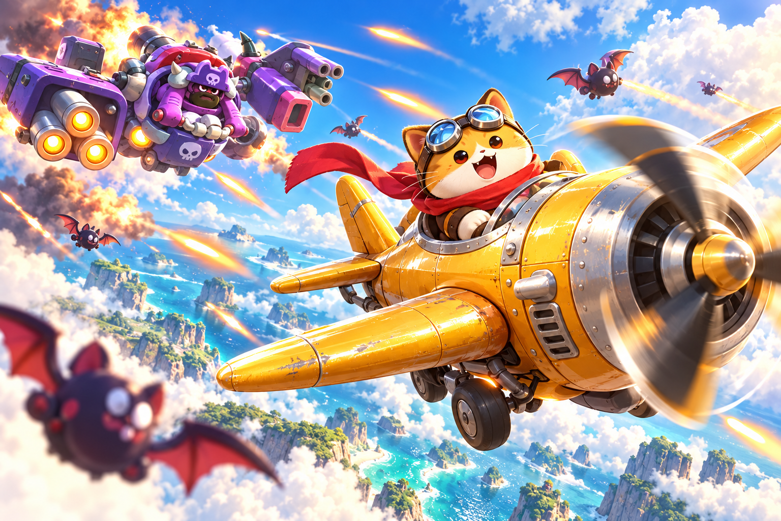 An orange cat pilot in a golden propeller plane flying through the clouds