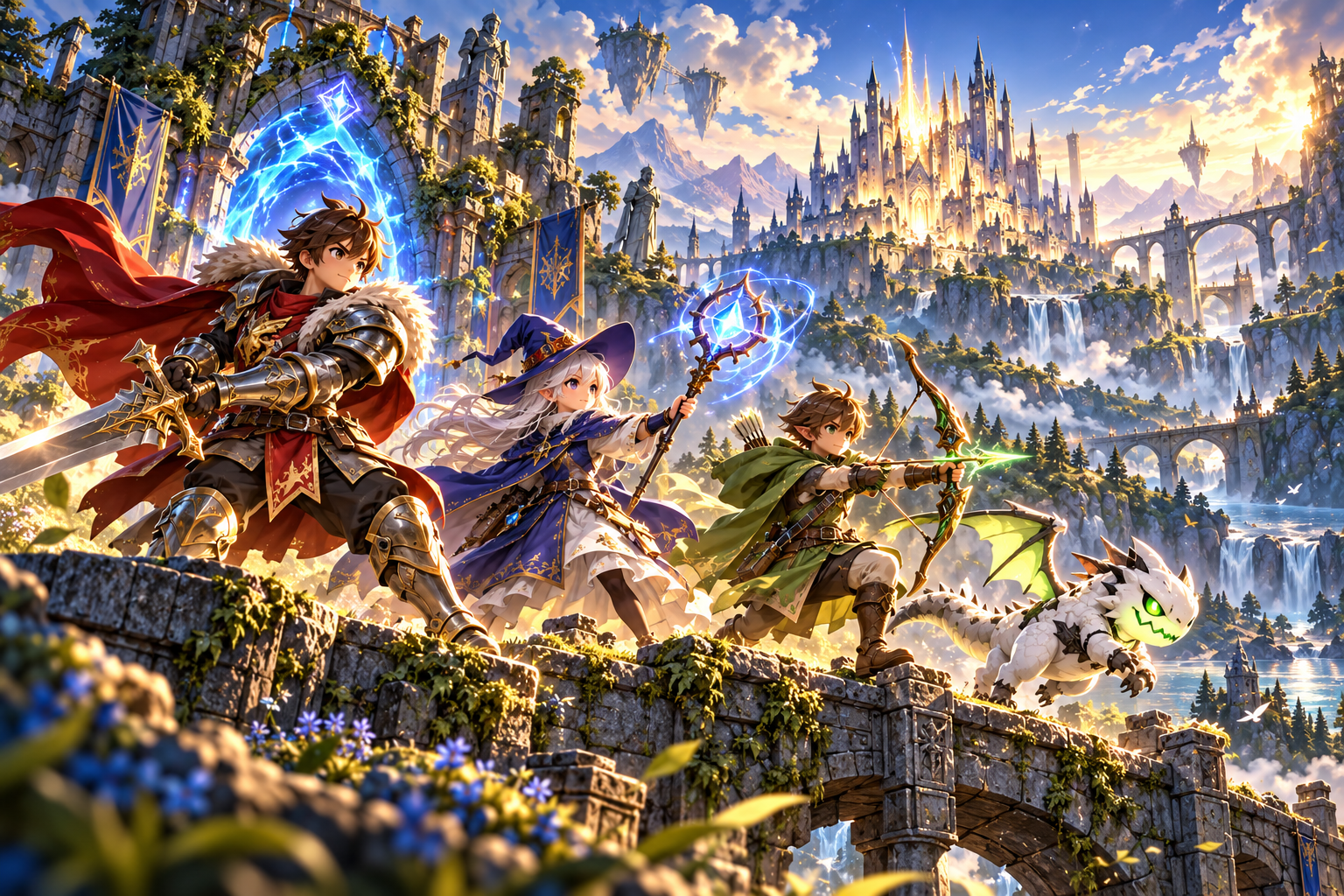 A fantasy party of heroes exploring ancient magical ruins