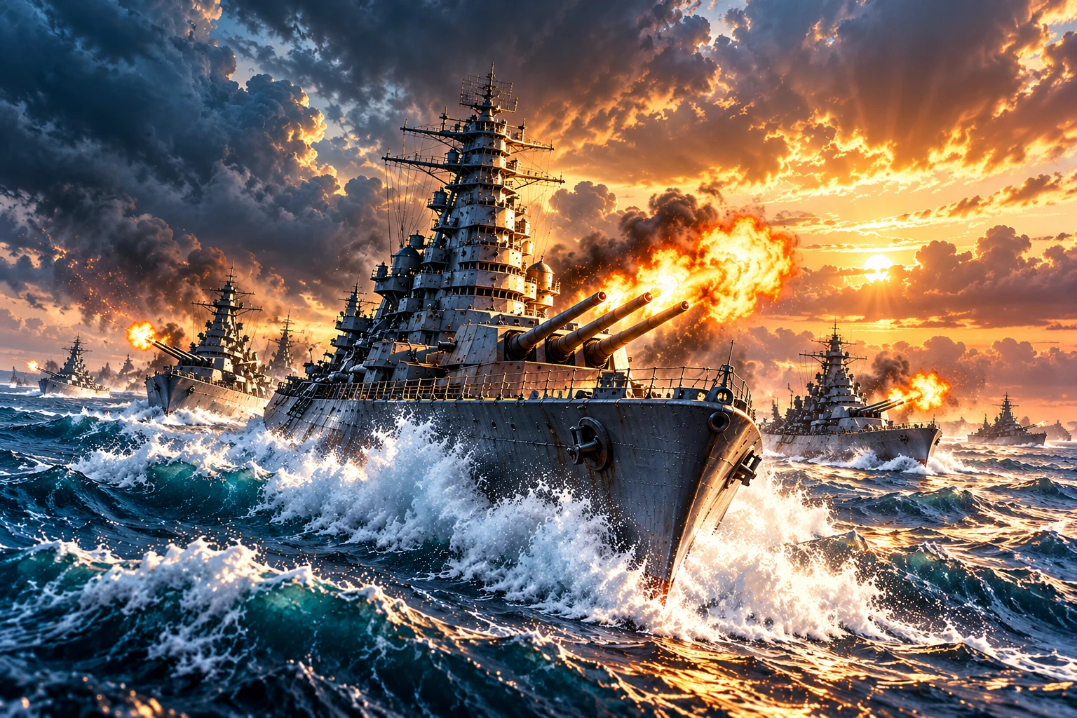 A steel battleship leading a fleet across blue seas at sunset